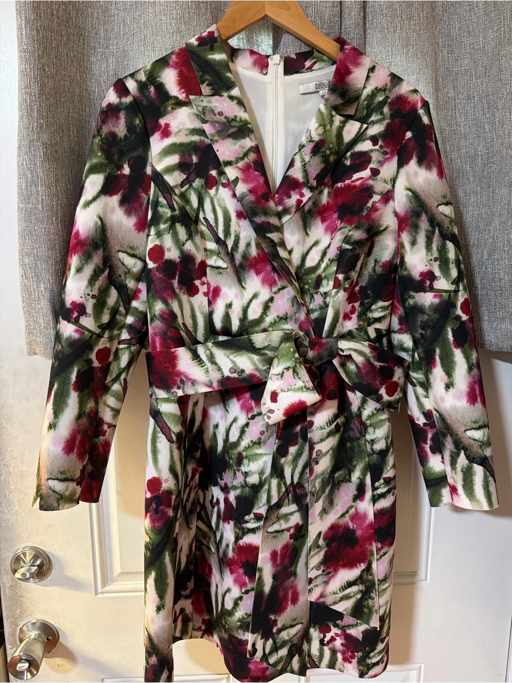Badgley Mischka Floral Belted Trench Coat in Pink, Green & White